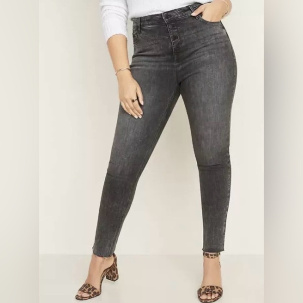 Old Navy High Waist Button Fly Super Skinny Jeans Black Rockstar Raw Hem Size 14